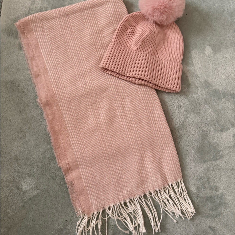 Vince Camuto Soft Pink Pom Beanie and Fringe Scarf Set
